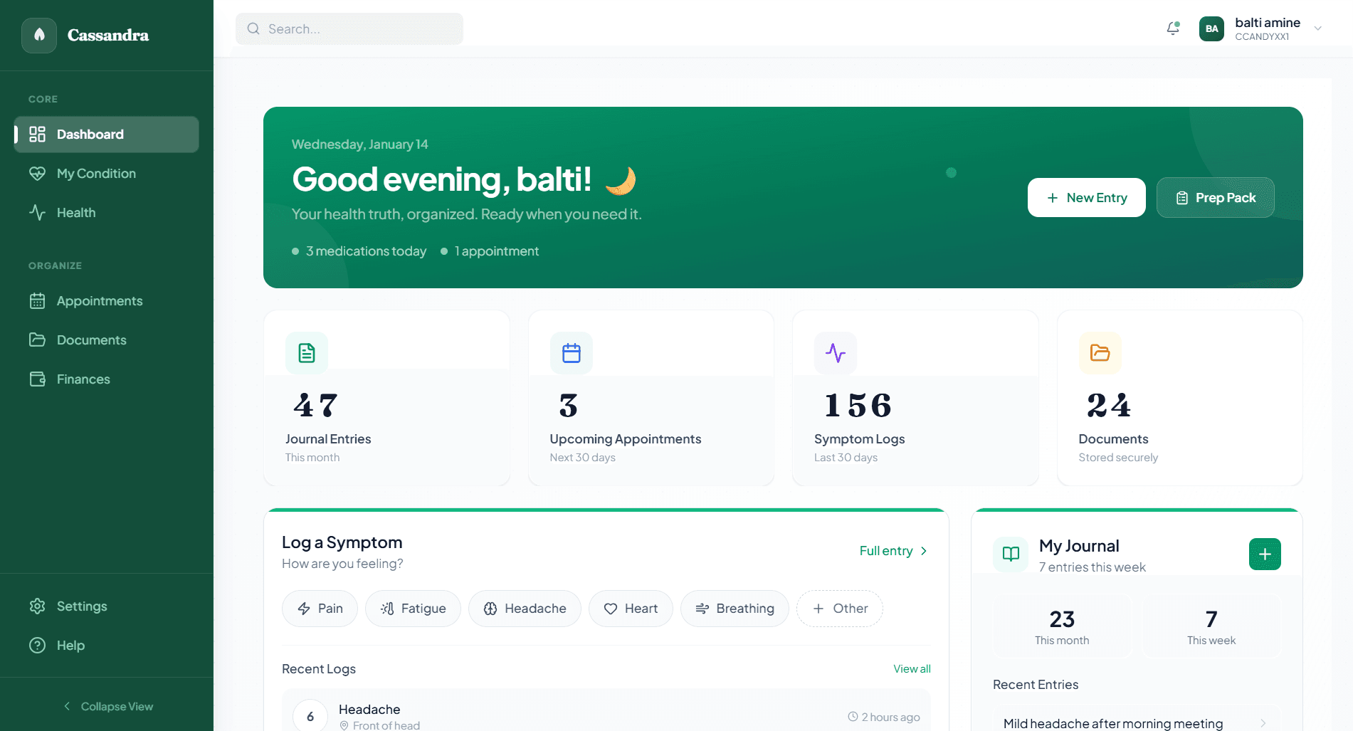 Cassandra Health Journal Dashboard