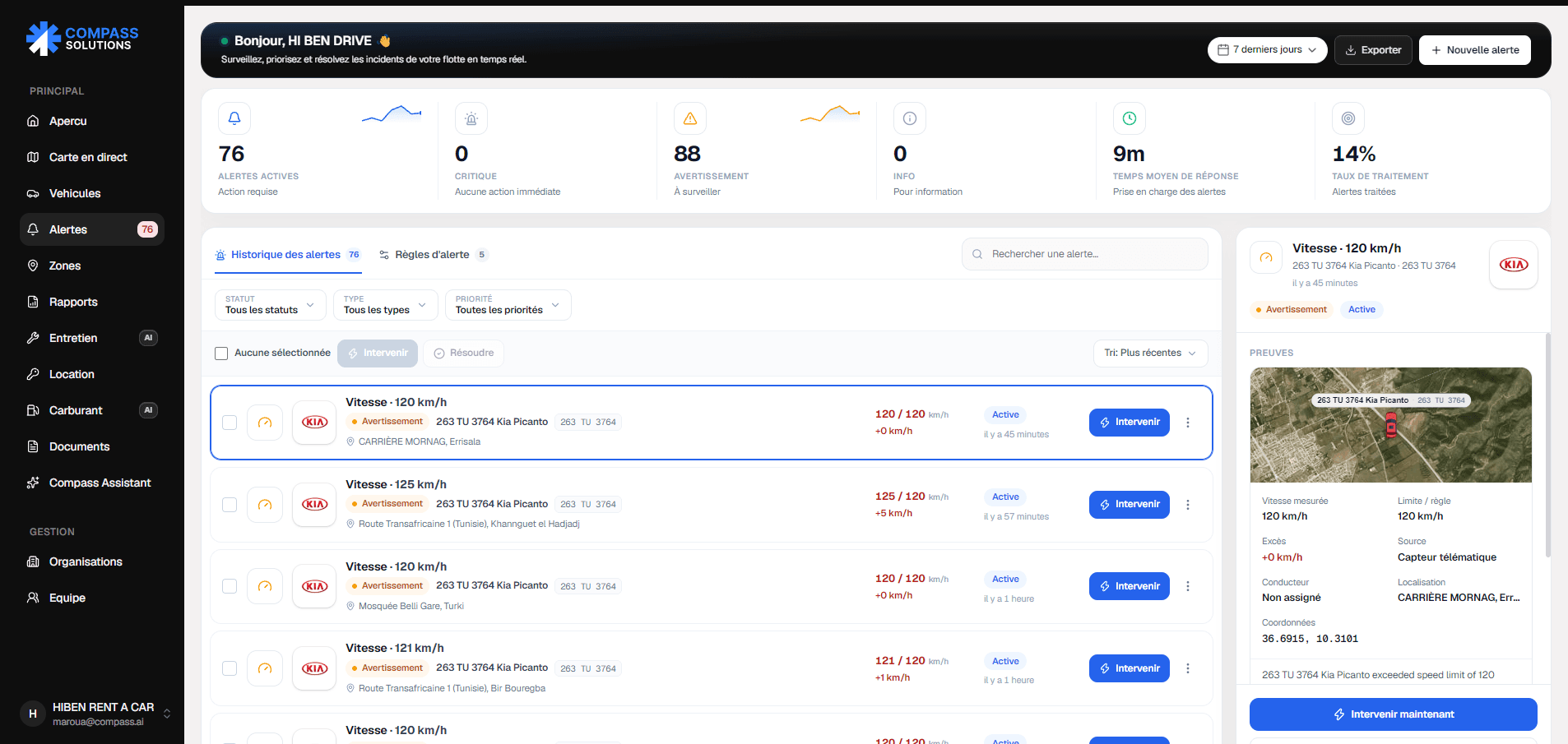 Compass Solutions alerts — severity KPIs, incident history and an evidence panel with map position
