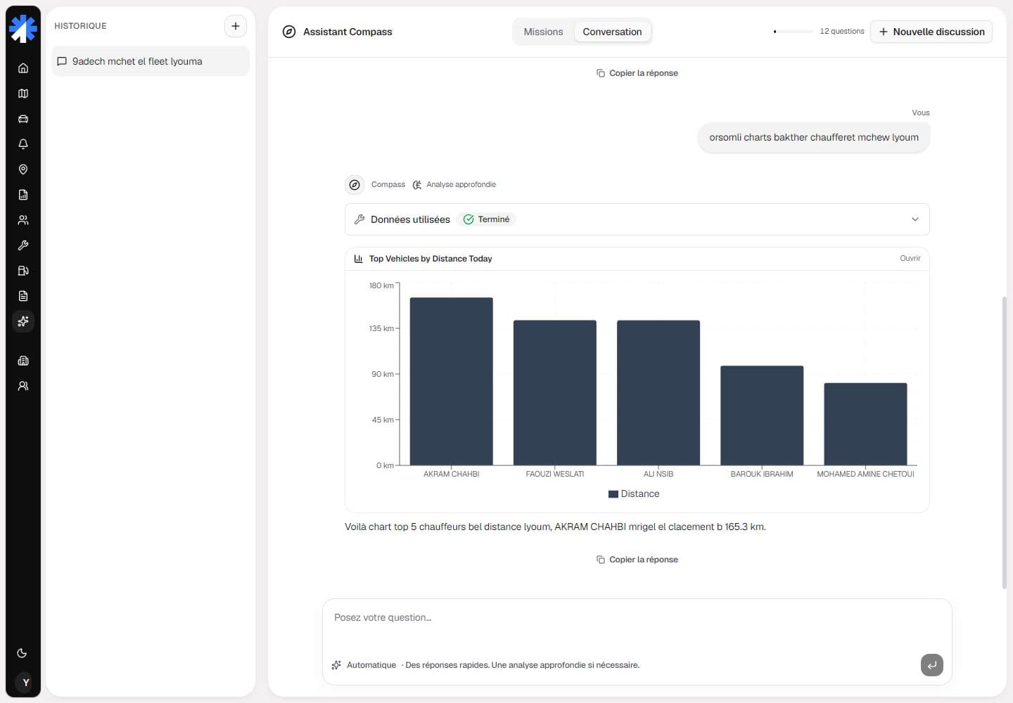 Compass multilingual assistant with suggested fleet questions, conversation history, and message input