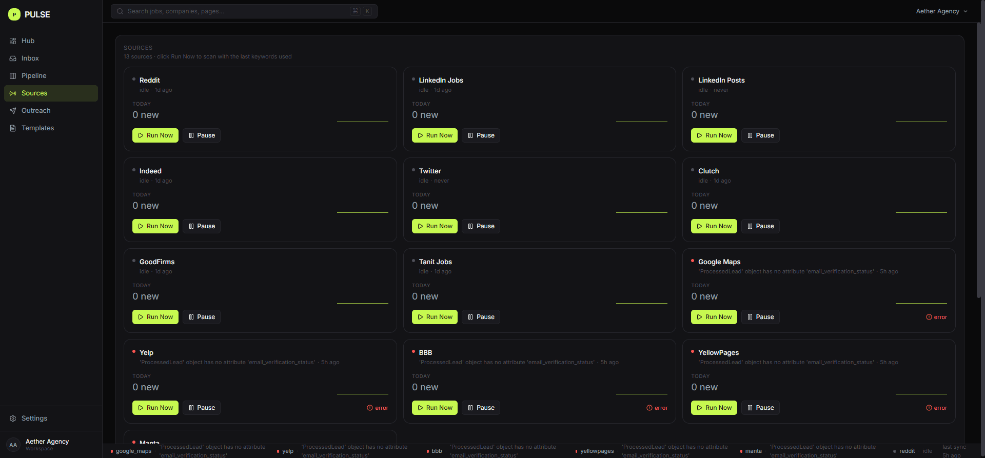 Pulse sources page — list of saved searches with run status, frequency, and per-search source counts