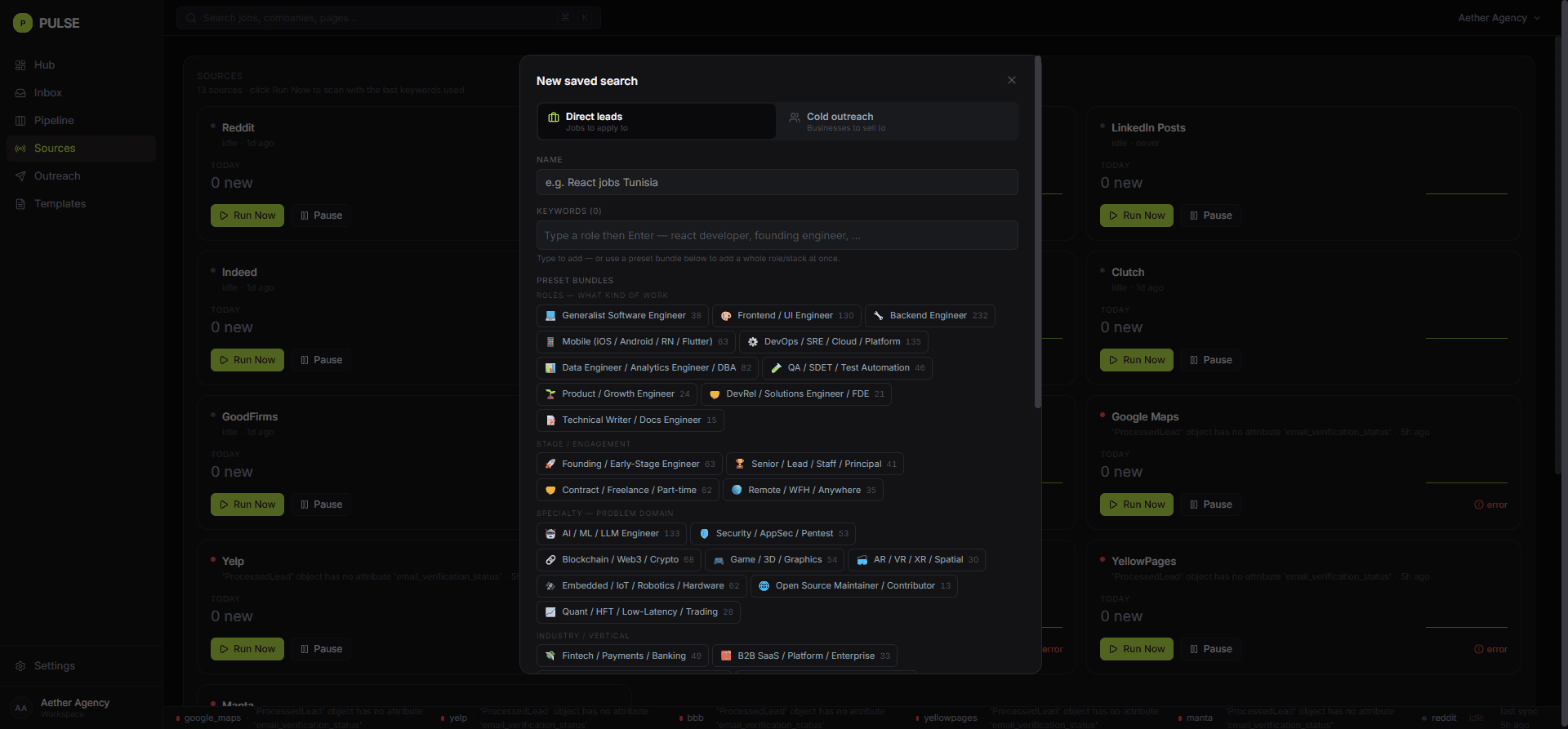 Pulse saved-search editor — Direct vs Cold mode with keyword chips and bundle picker